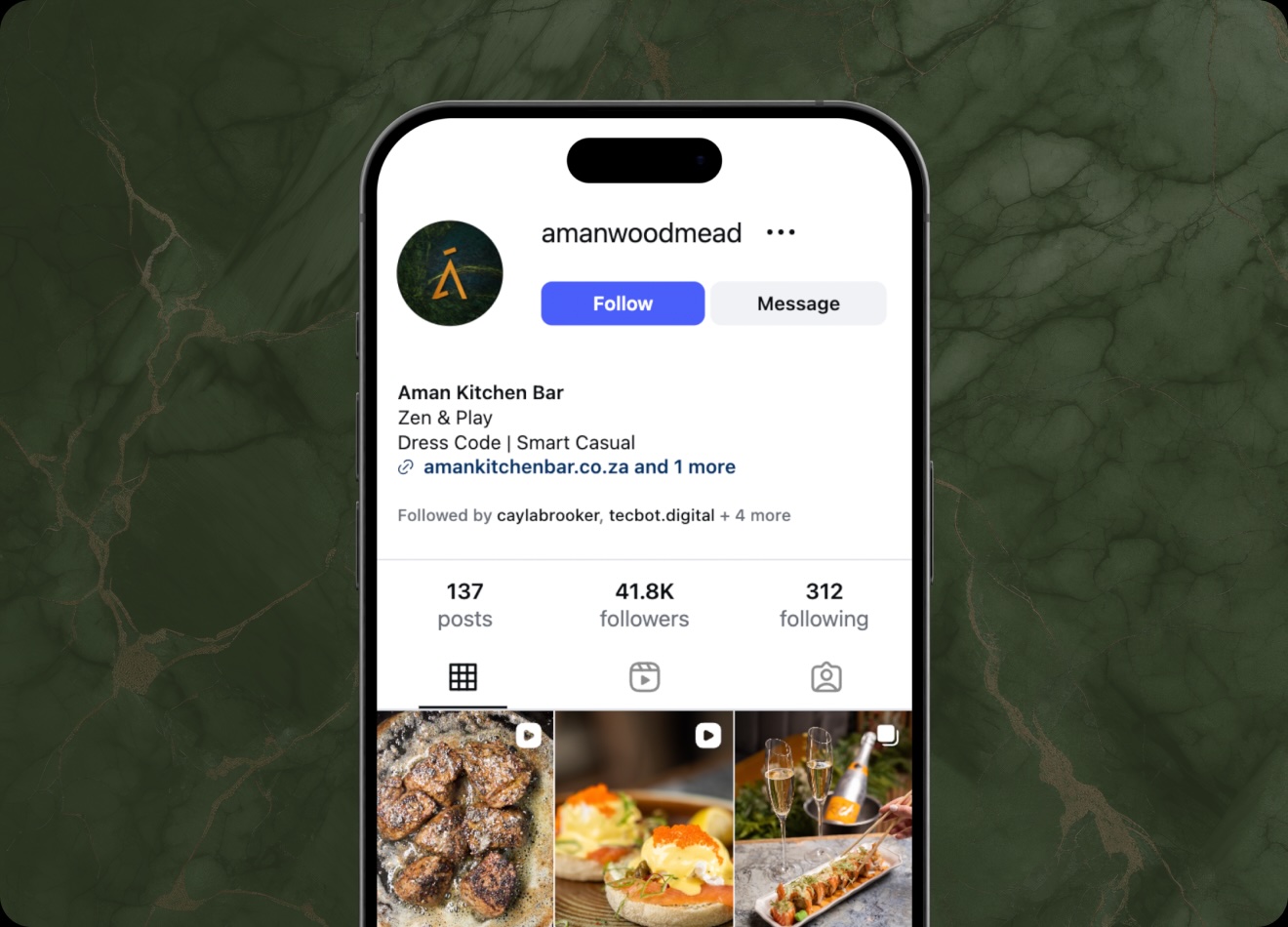Instagram profile of Aman Kitchen Bar with 137 posts, 41.8K followers, showing food and drink images.
