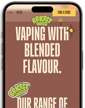 Website banner with bold text reading 'Flavour that hits different in 5 bold ways' on a brown background, featuring cartoon celery and a strawberry dessert illustration.