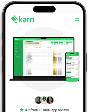 Smartphone screen showing Karri app interface with a laptop and phone displaying inventory and order management dashboards, plus rating of 4.9 from over 18,000 reviews.