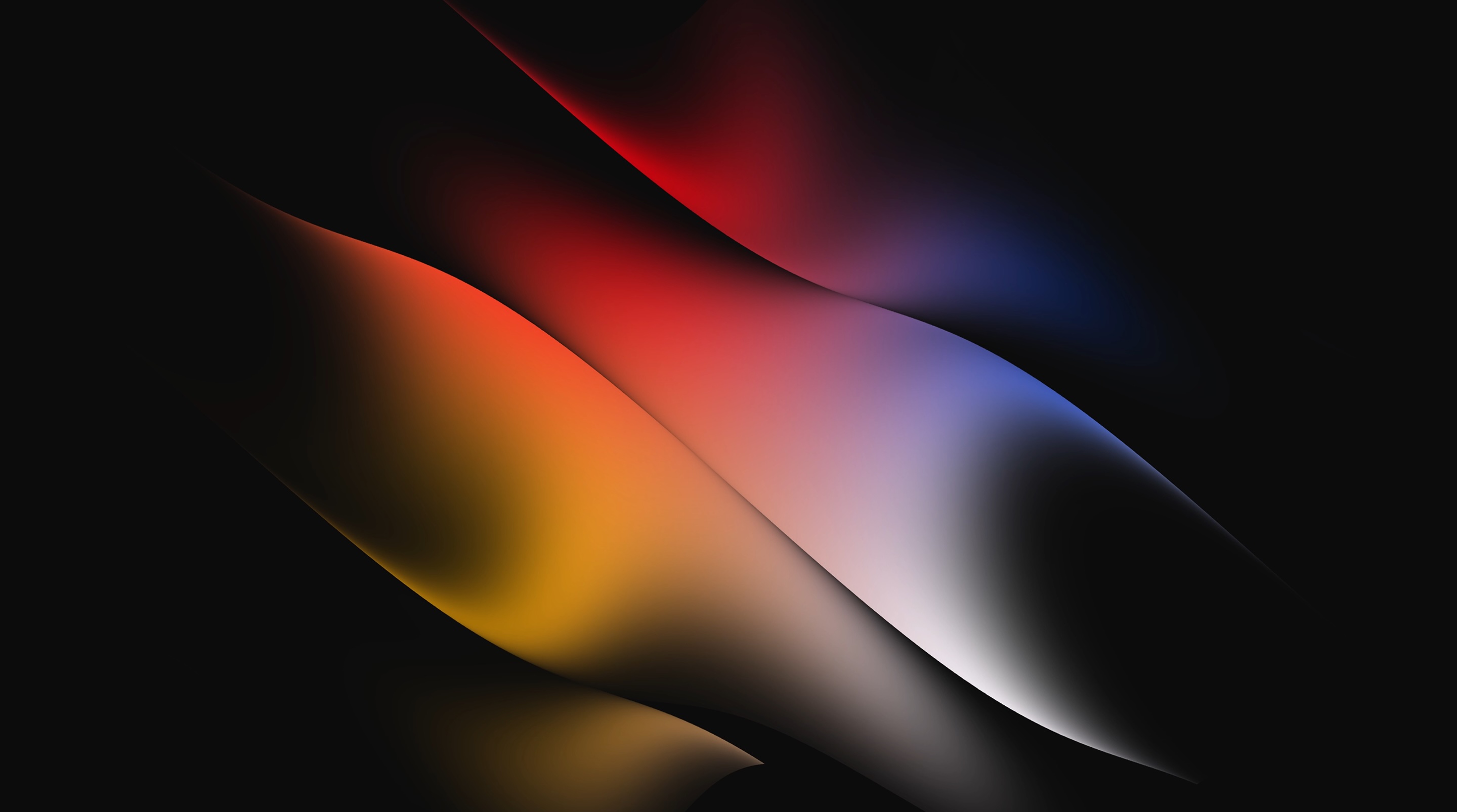 Abstract smooth shapes blending red, orange, yellow, blue, and white on a black background.
