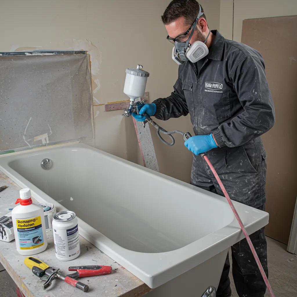 Technician applying reglazing coating to a bathtub in a professional setting