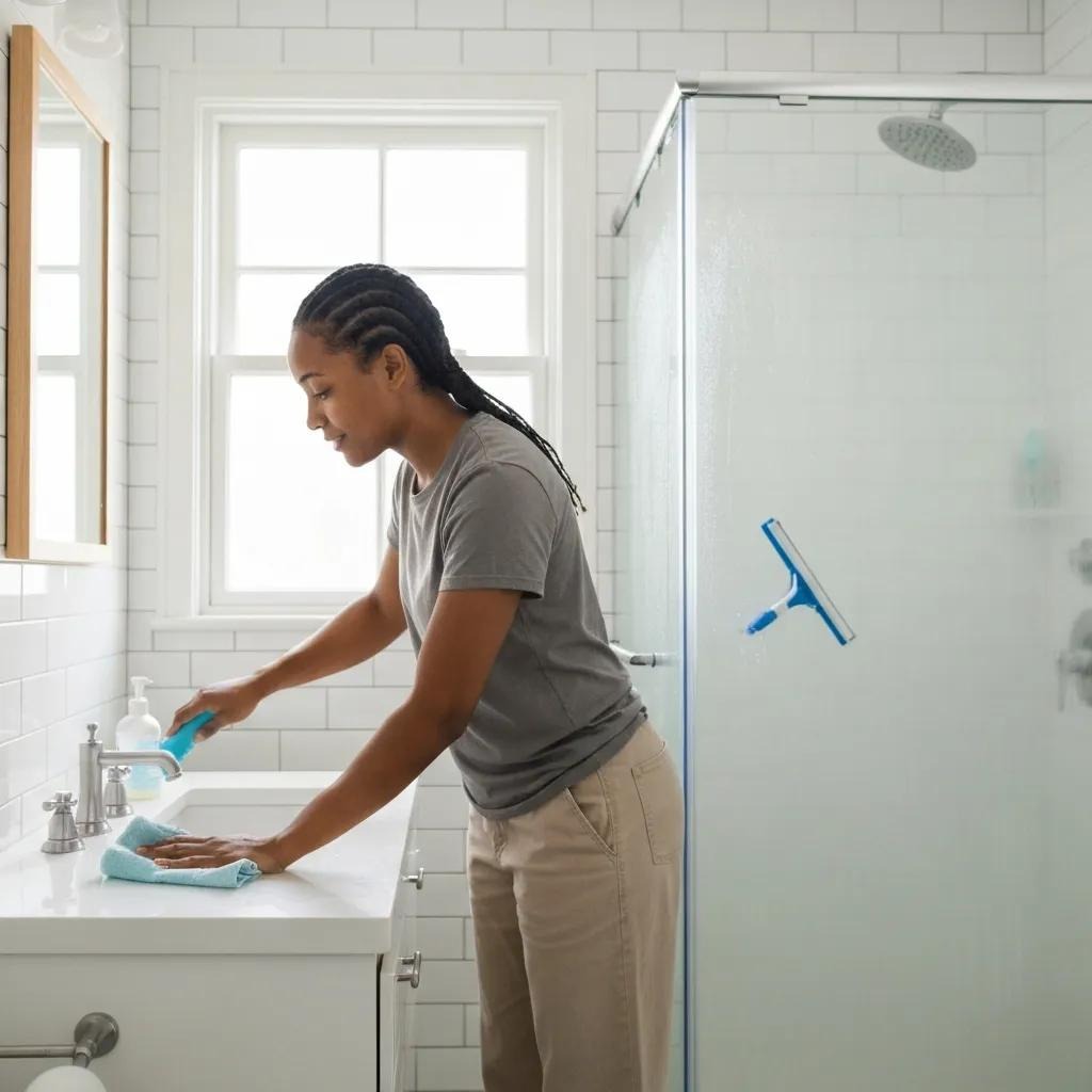 Person wiping a sink and squeegeeing a shower as part of a quick daily routine