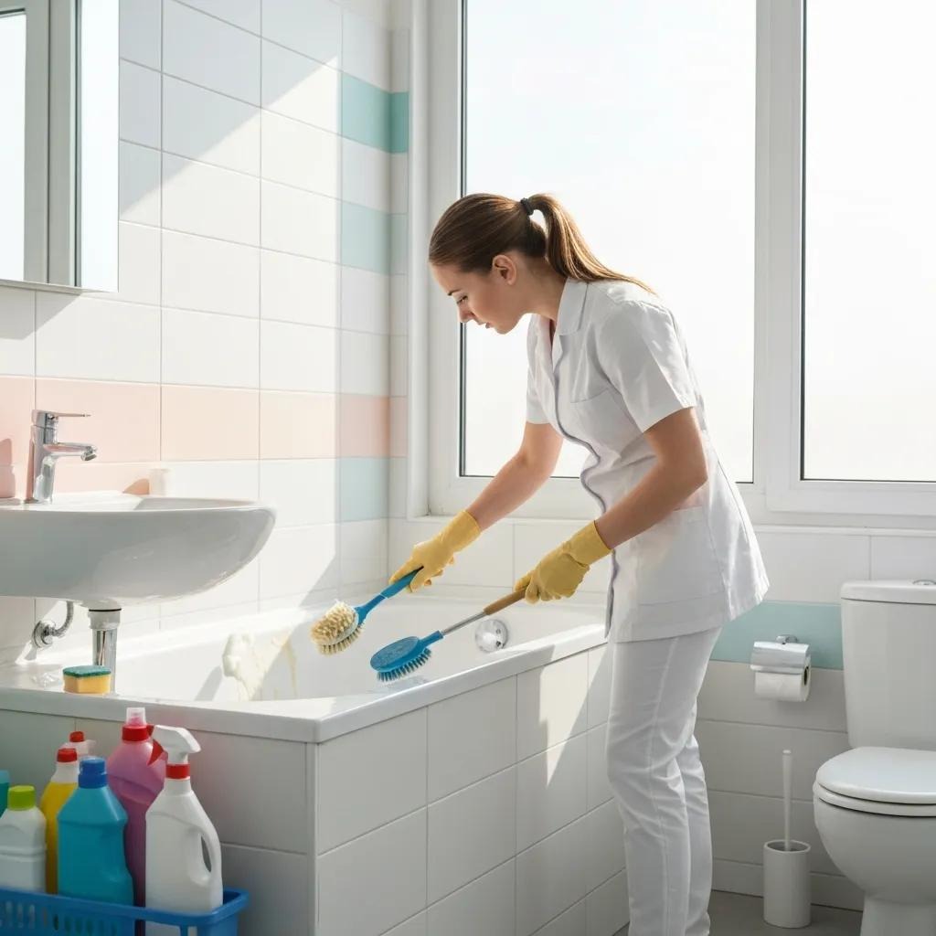 Technician using professional tools to clean a bathtub, demonstrating specialized care