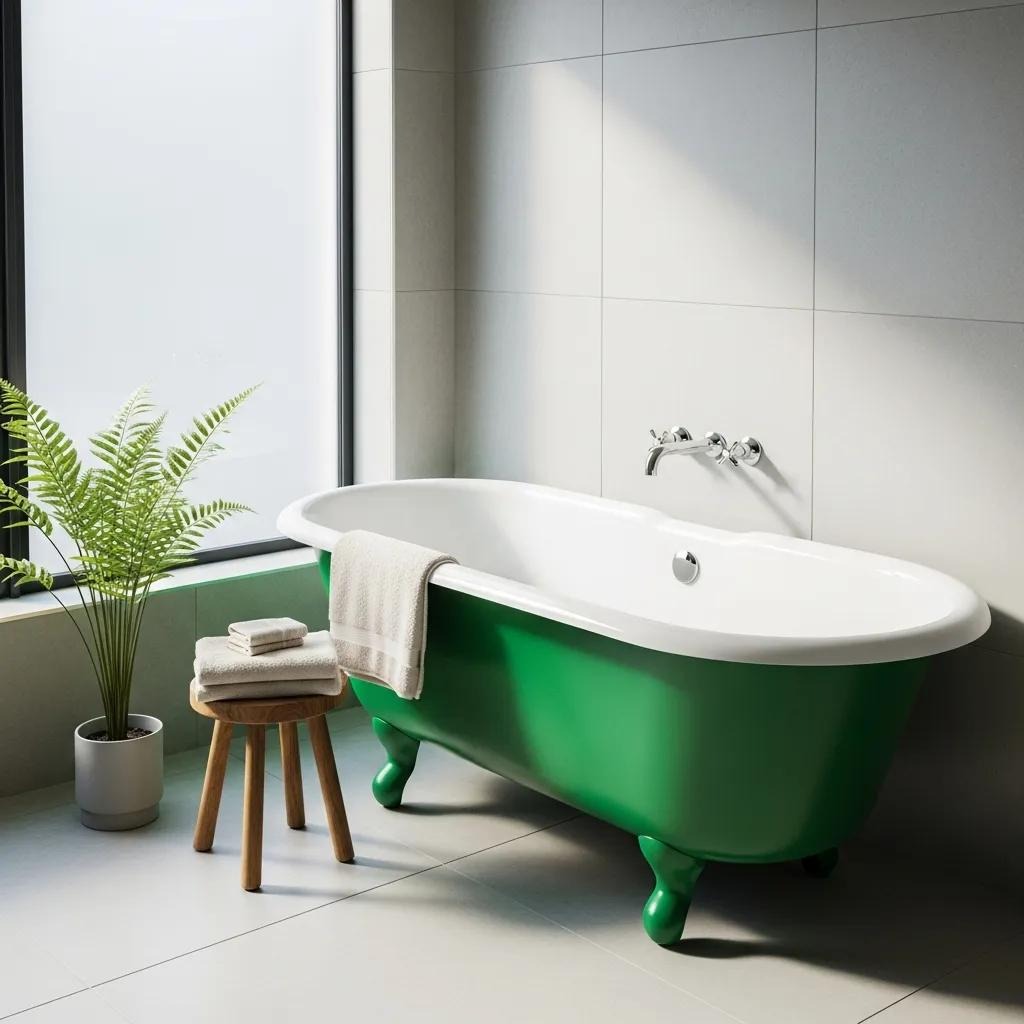 Restored porcelain bathtub in a modern bathroom, showcasing its glossy finish and vibrant color