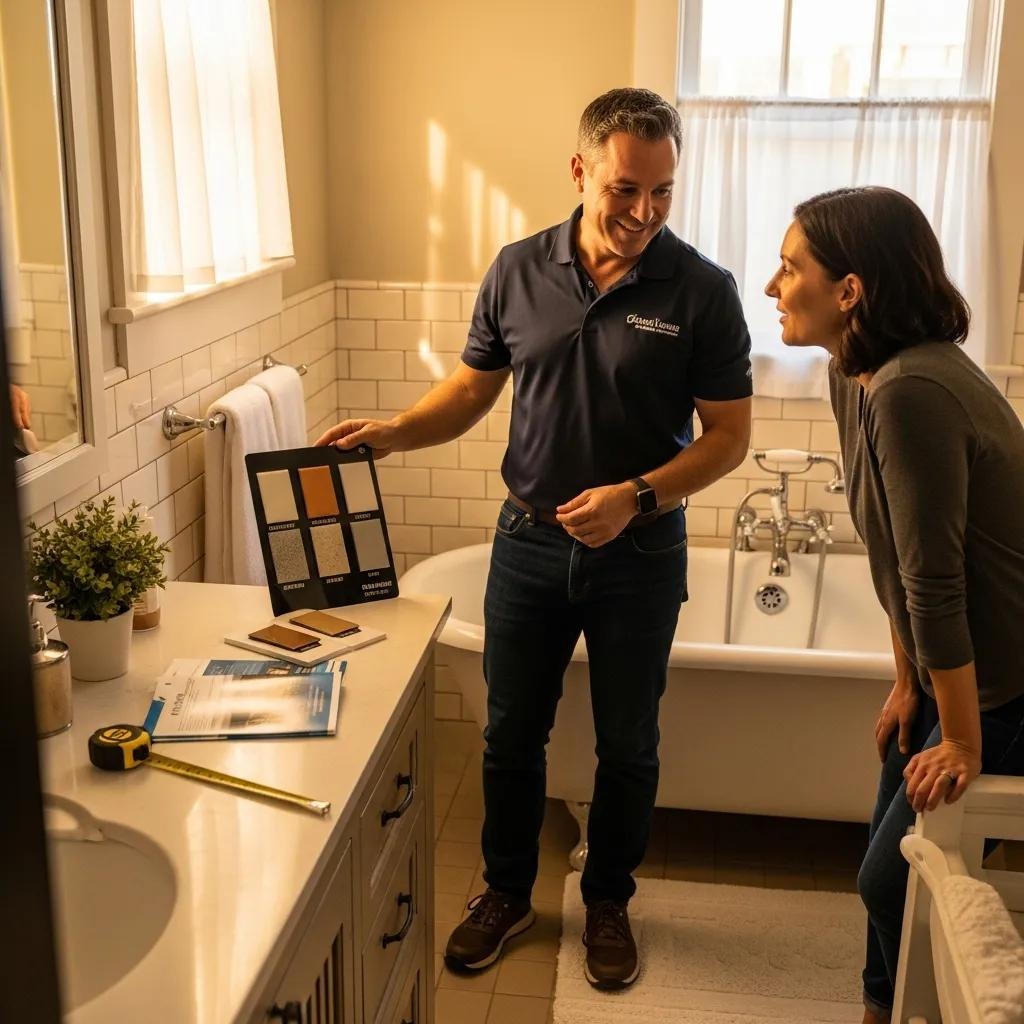 Local bathtub reglazing expert consulting with a homeowner in a cozy bathroom