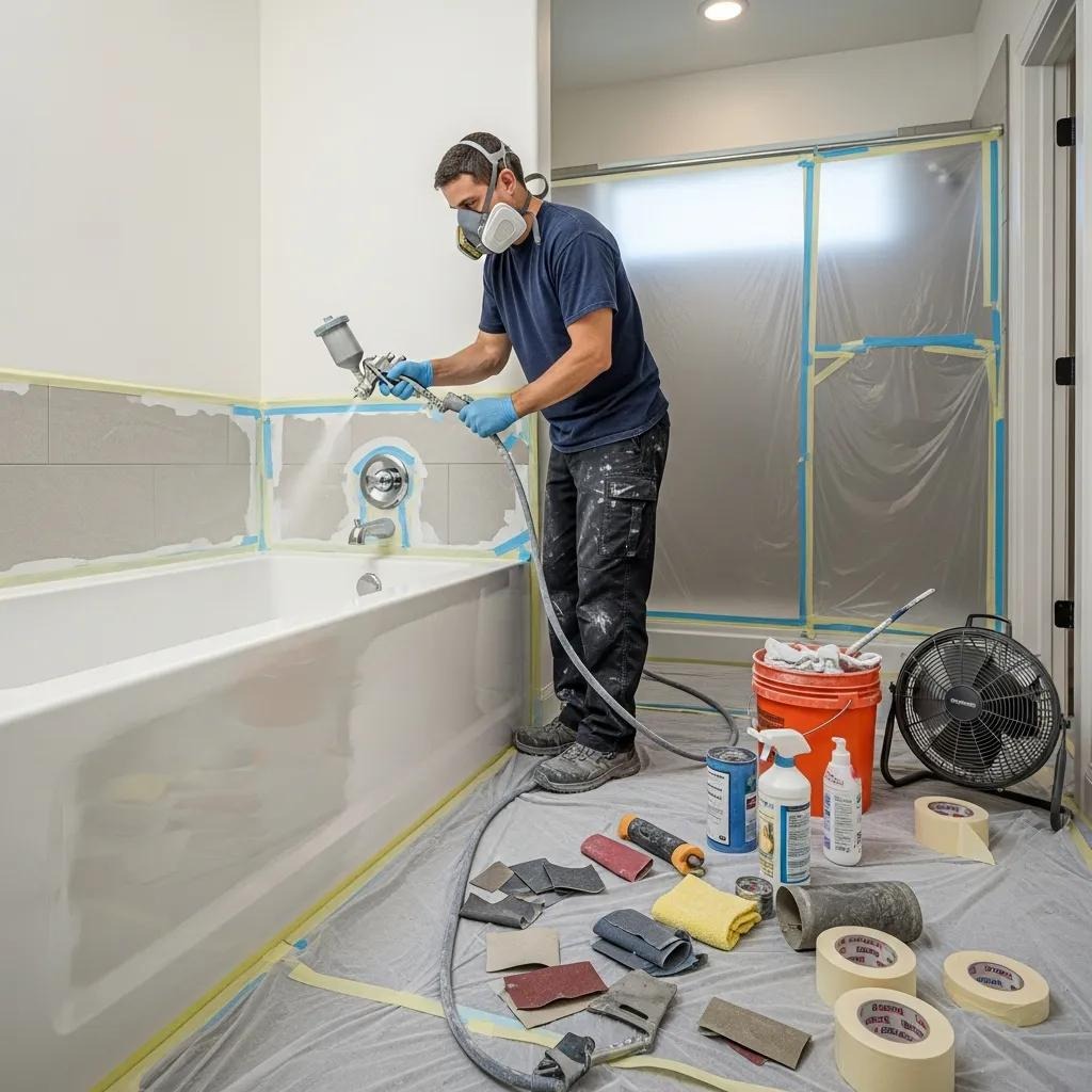 Technician applying reglazing coating to a porcelain bathtub in a home setting