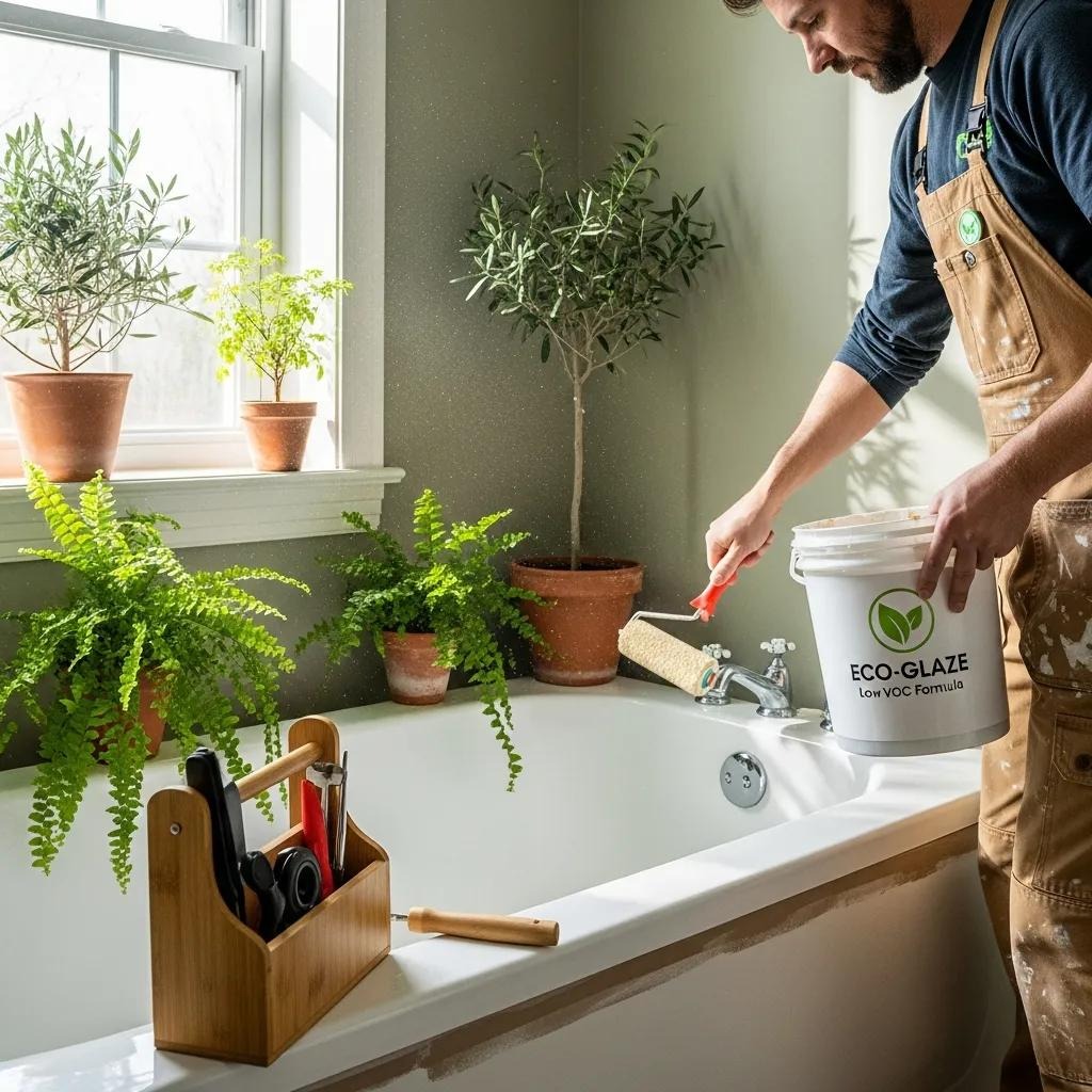 Technician applying eco-friendly reglazing materials in a bright, natural setting