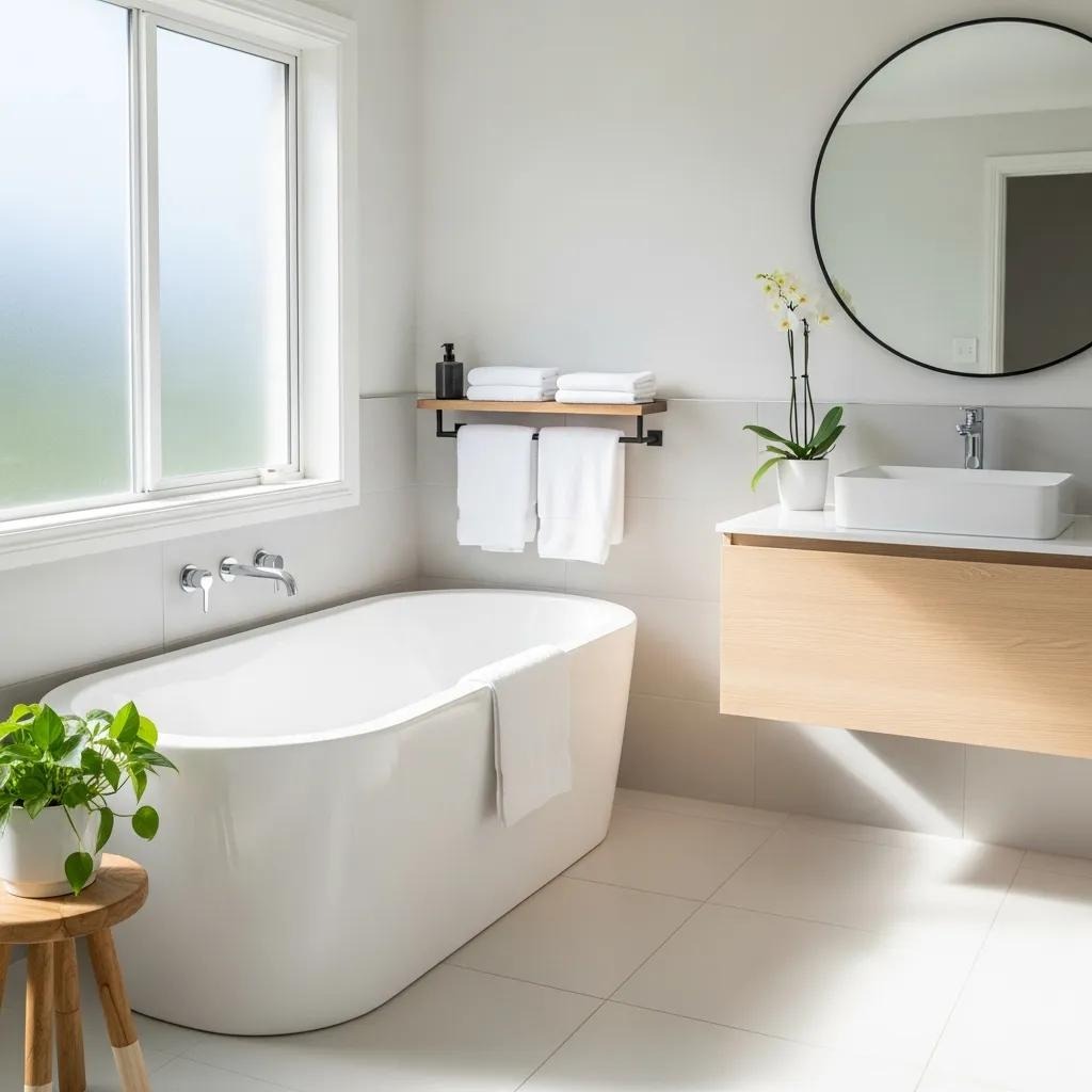 Freshly reglazed bathtub in a bright bathroom, showcasing its glossy finish and inviting decor