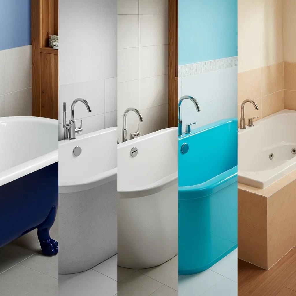 Variety of reglazed bathtubs showcasing different colors and finishes for bathroom updates