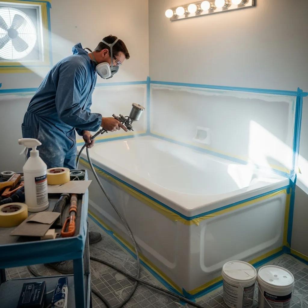 Technician applying reglazing material to a bathtub, showcasing the professional reglazing process