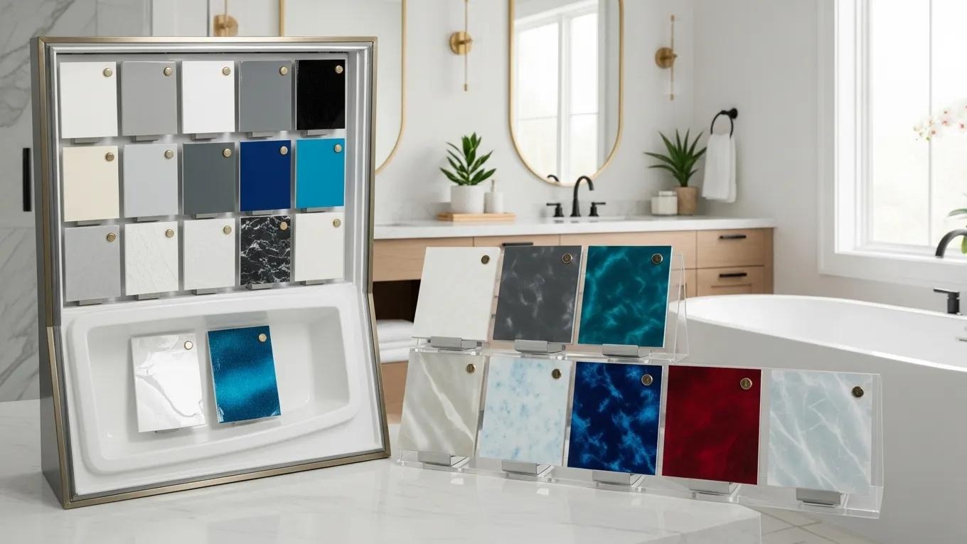 Display of various bathtub reglazing color options, showcasing aesthetic customization