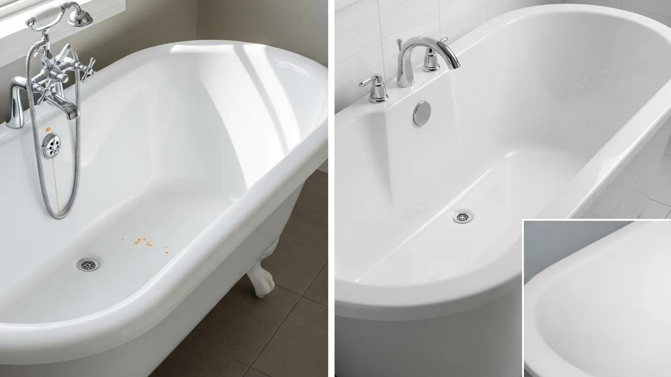 Comparison of a reglazed bathtub and a new bathtub, highlighting durability and finish
