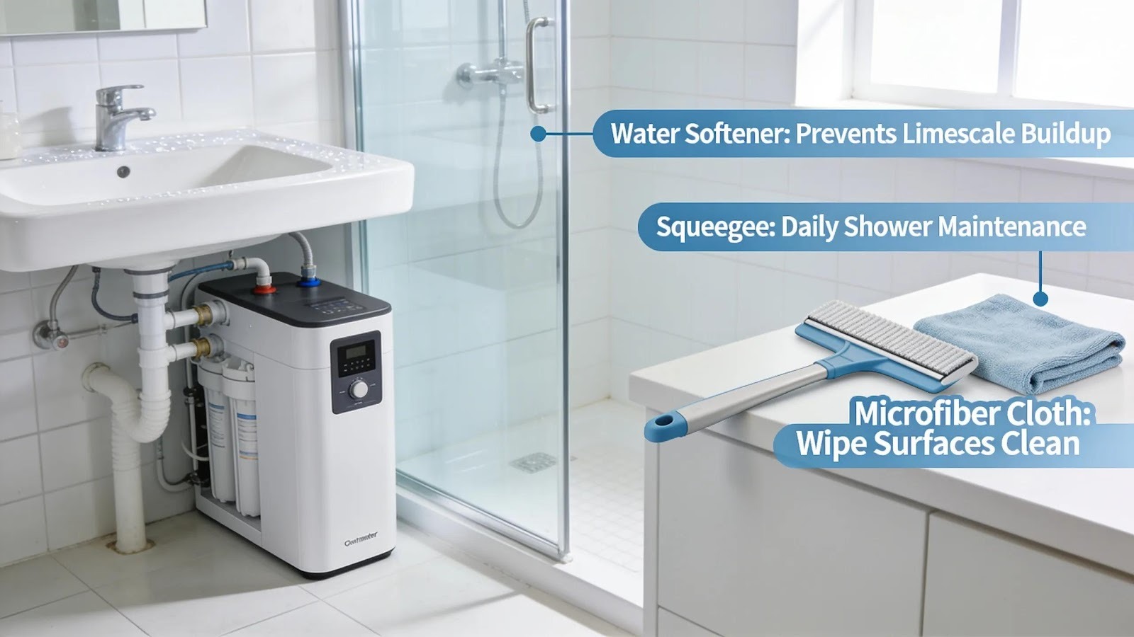 Installed water softener in a clean bathroom highlighting prevention of hard water stains