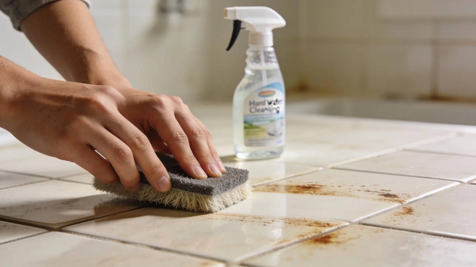 Hands scrubbing ceramic tiles with non-abrasive pads to remove hard water stains