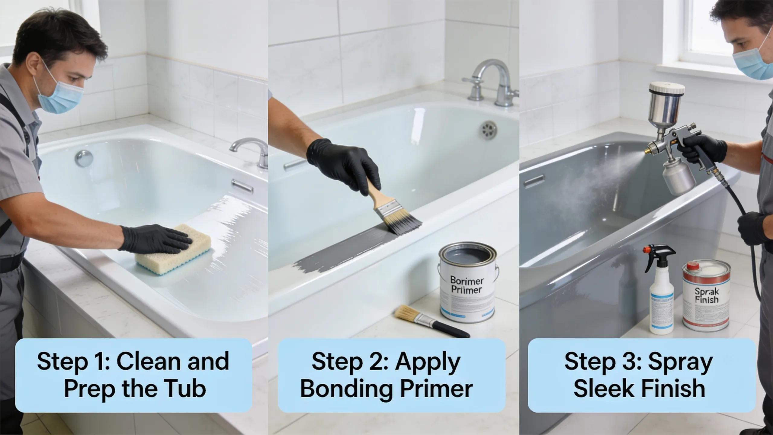 Technician performing bathtub refinishing showing each step in detail and professionalism