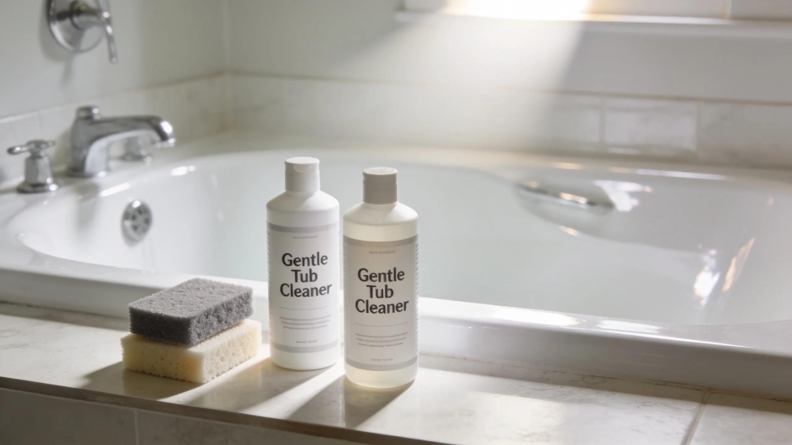 Gentle cleaning tools and a reglazed bathtub emphasizing maintenance for longevity of surface