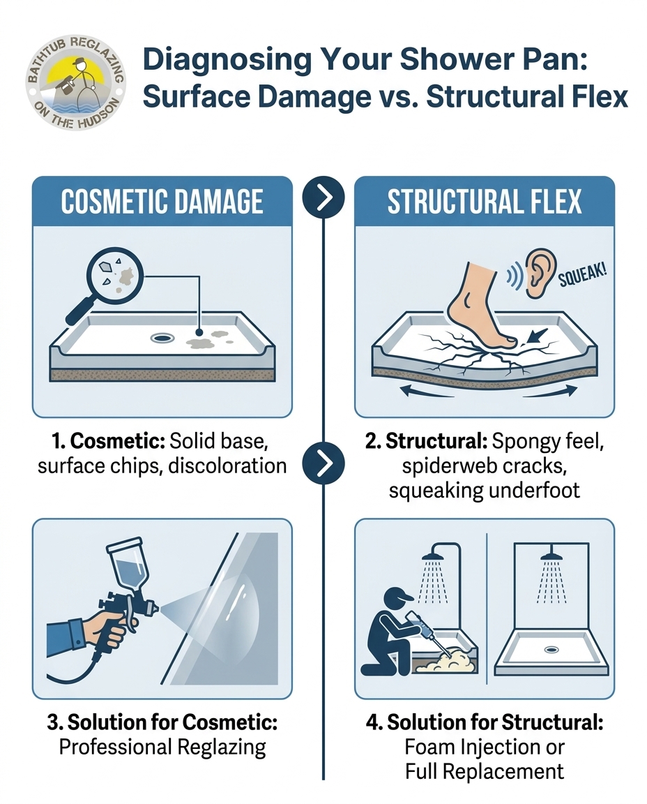 Diagnosing Your Shower Pan: Surface Damage vs. Structural Flex