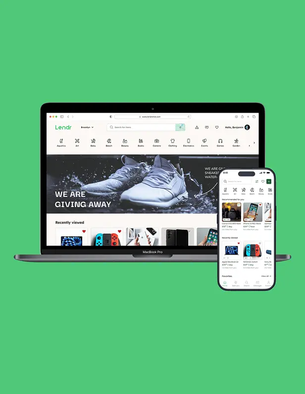 A laptop and smartphone display an online store interface on a green background. The laptop shows sneakers and a giveaway banner, evoking excitement.