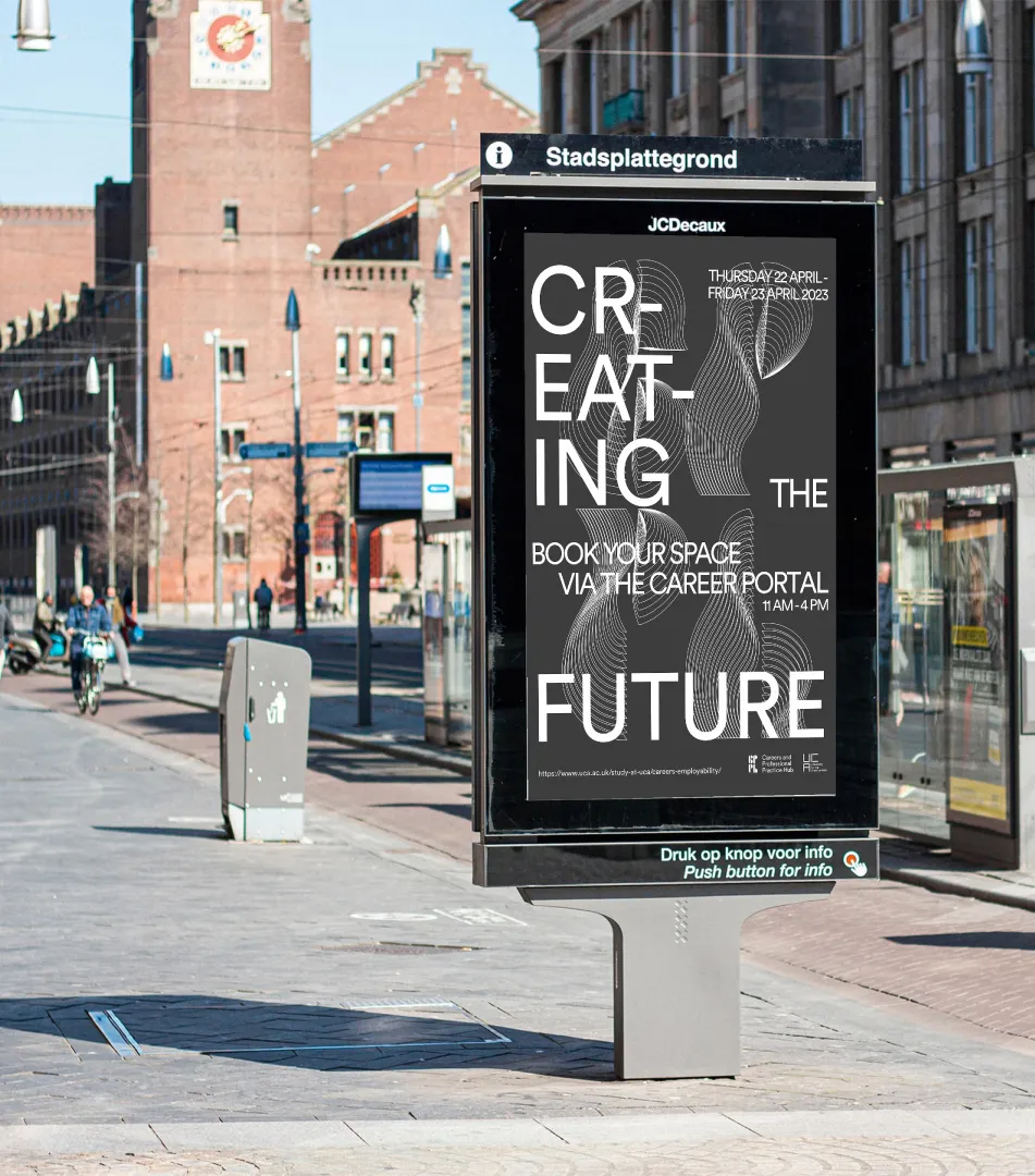 Event advertising materials for UCA Careers Hub, featuring the new branding applied to posters and digital screens.