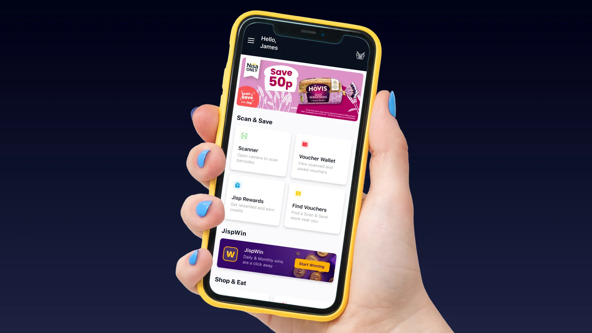 A hand holds a smartphone displaying a shopping app with various offers and reward features.