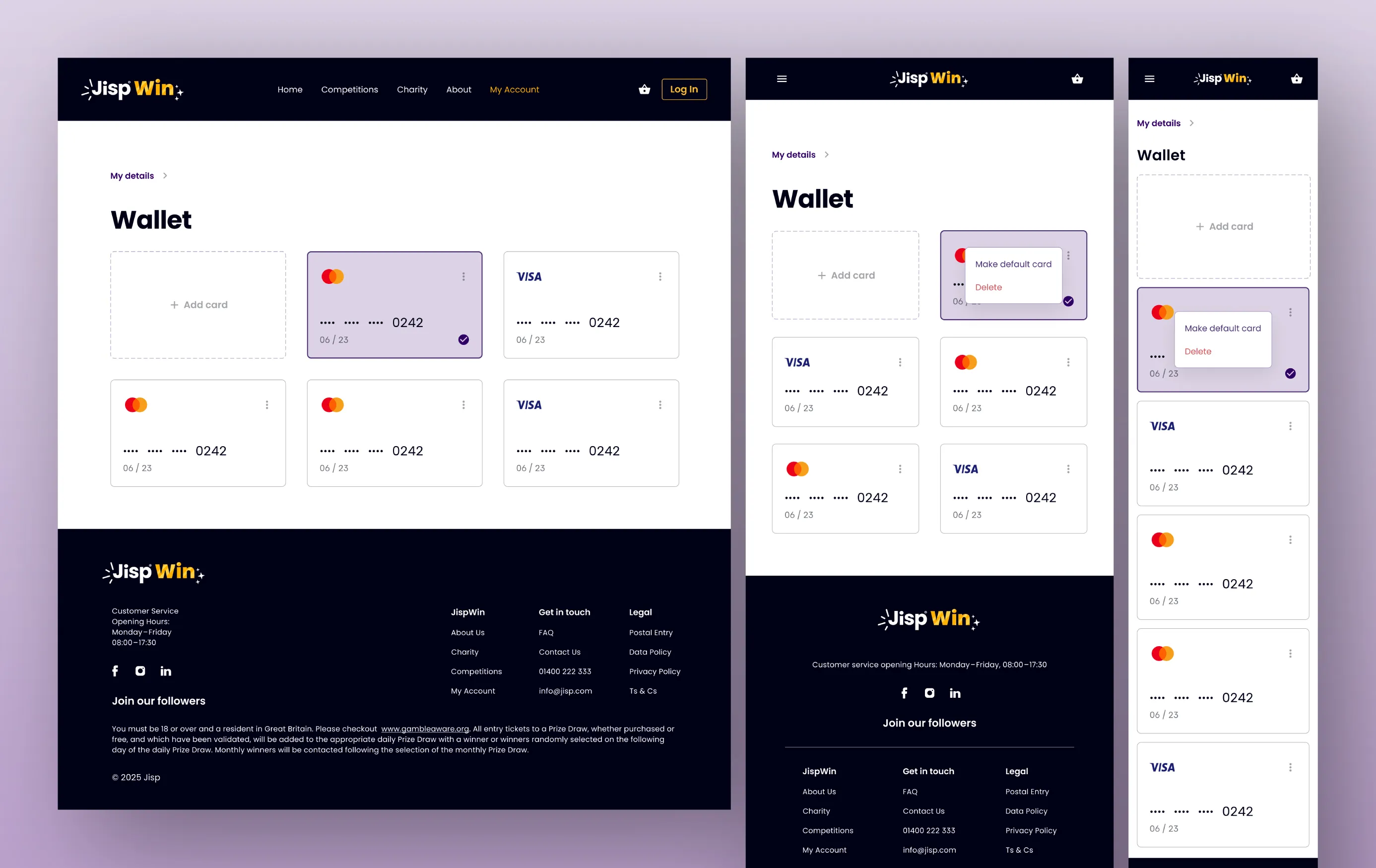 Design of JispWin's 'My Details' page, allowing users to manage profile information, payment preferences, and contact details.