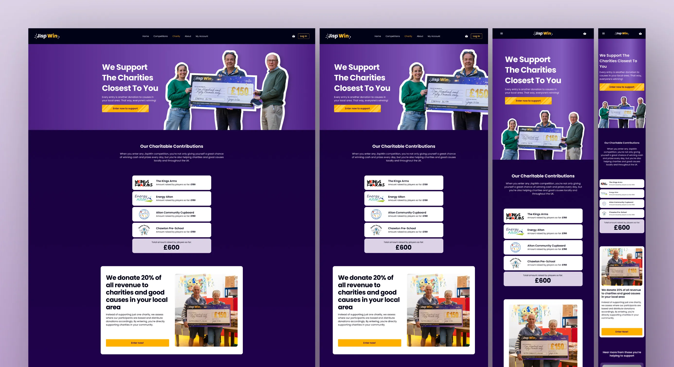 UI design of JispWin's 'Charity' page, providing users with information about the platform's charitable initiatives and partnerships.