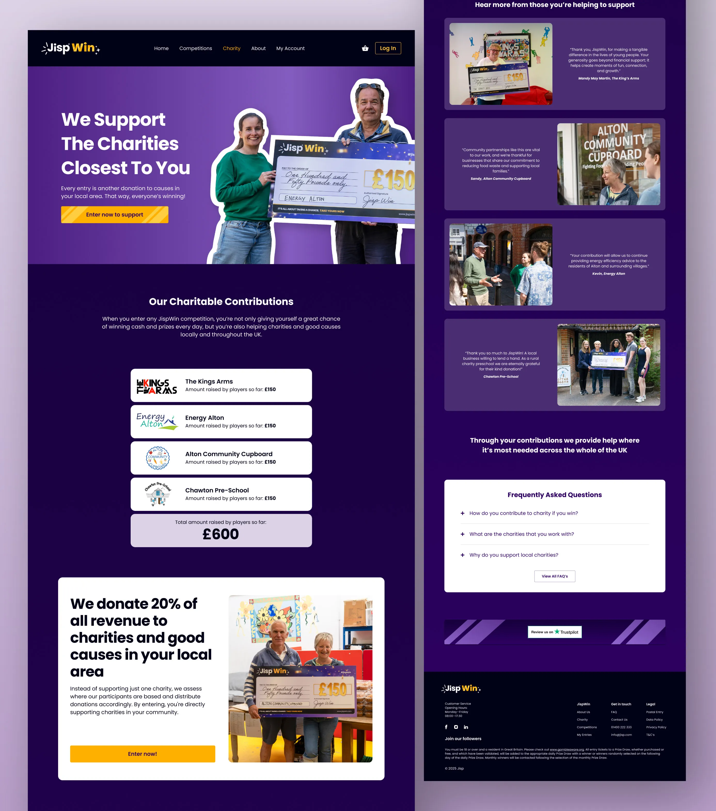 UI design of JispWin's 'Charity' page, providing users with information about the platform's charitable initiatives and partnerships.