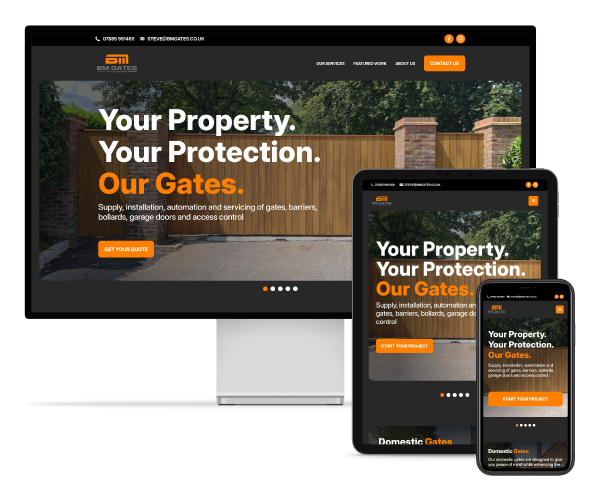 BM Gates Hero Images. A Desktop Monitor, Tablet & Phone Showing the BM Gates Website