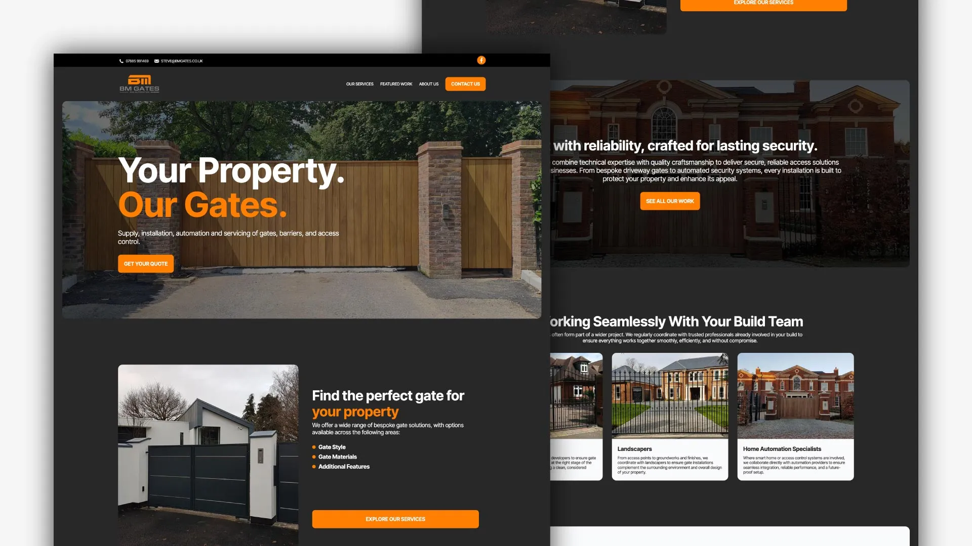 Website homepage showcasing different gates with text promoting reliable and secure property gates.