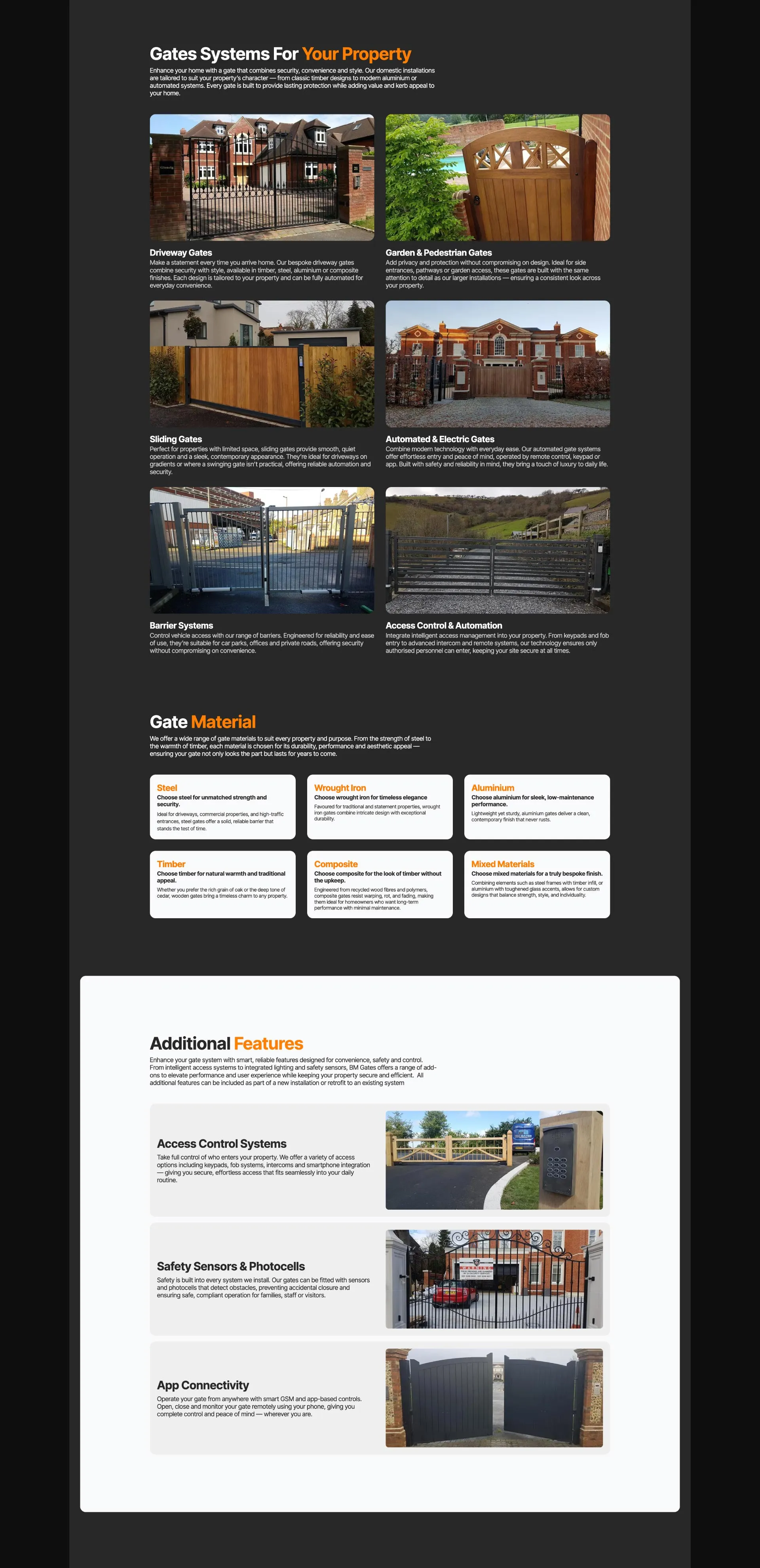 A webpage displaying information and images of various gate systems and their features for properties.