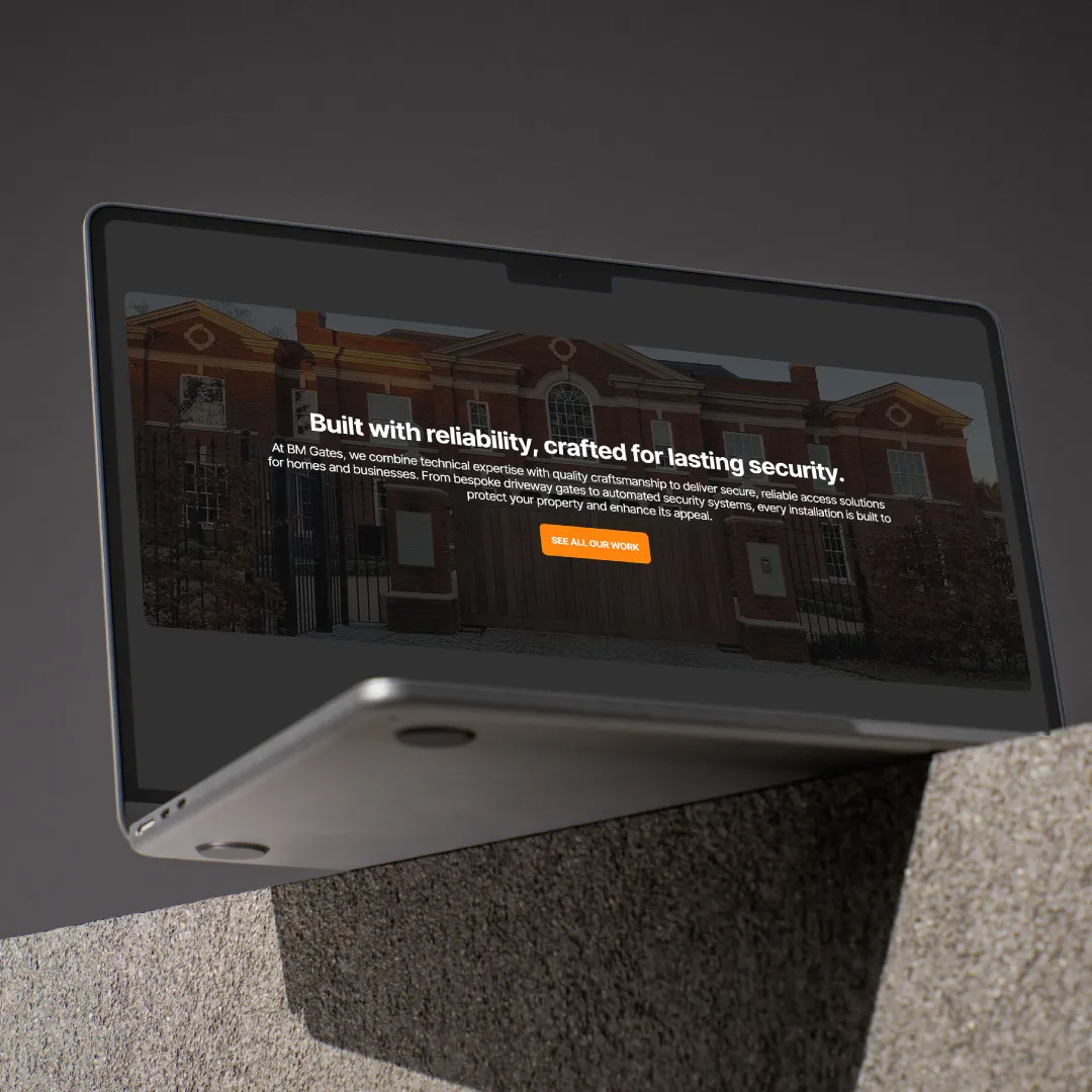 A laptop displays an advertisement for security solutions, emphasizing reliability and craftsmanship.