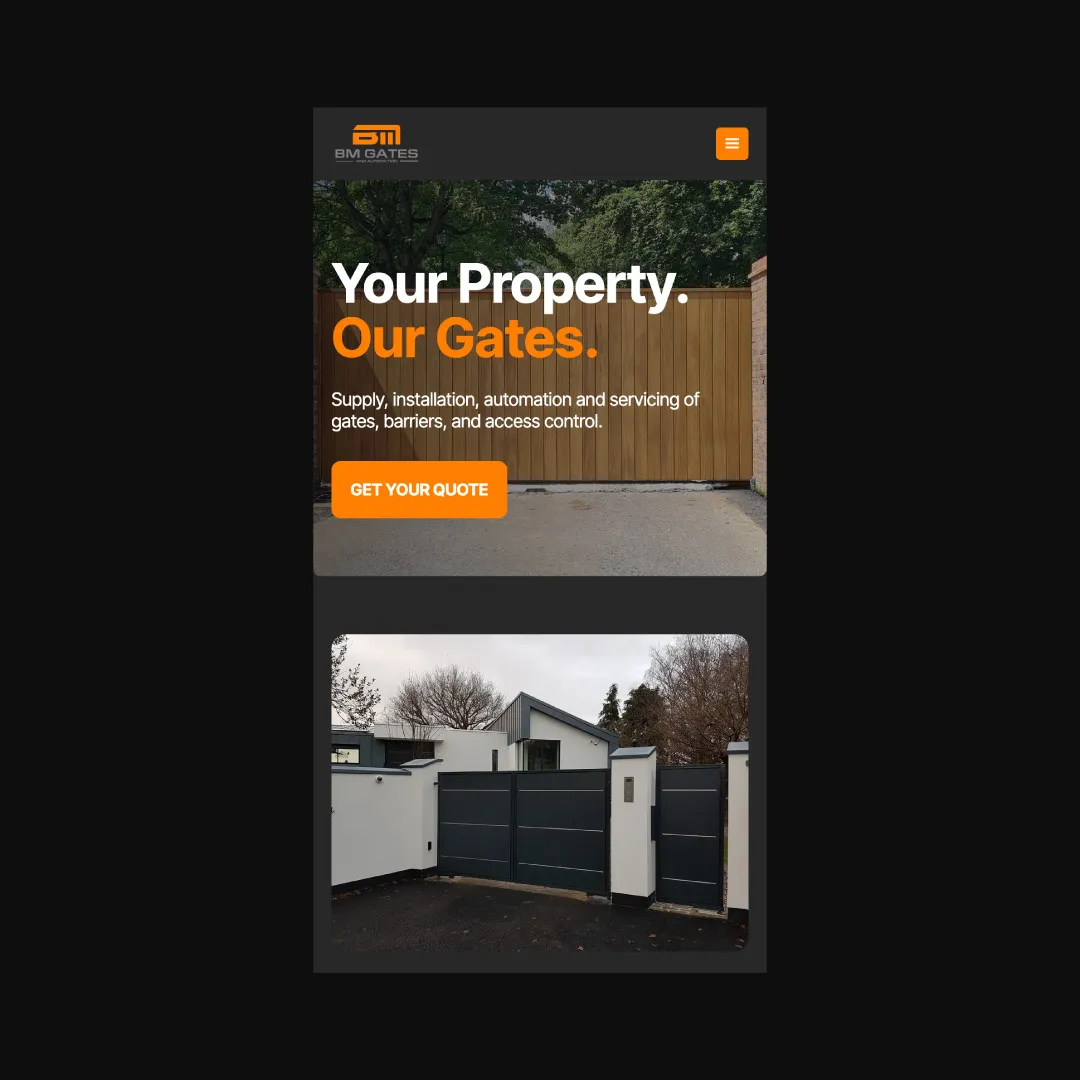 Advertisement for BM Gates, showcasing a wooden gate and a modern black security gate.