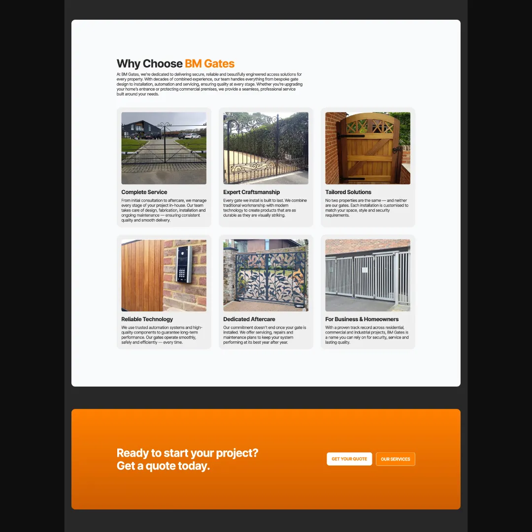 A webpage showcasing gate services with six images and descriptions of different gate options and features.