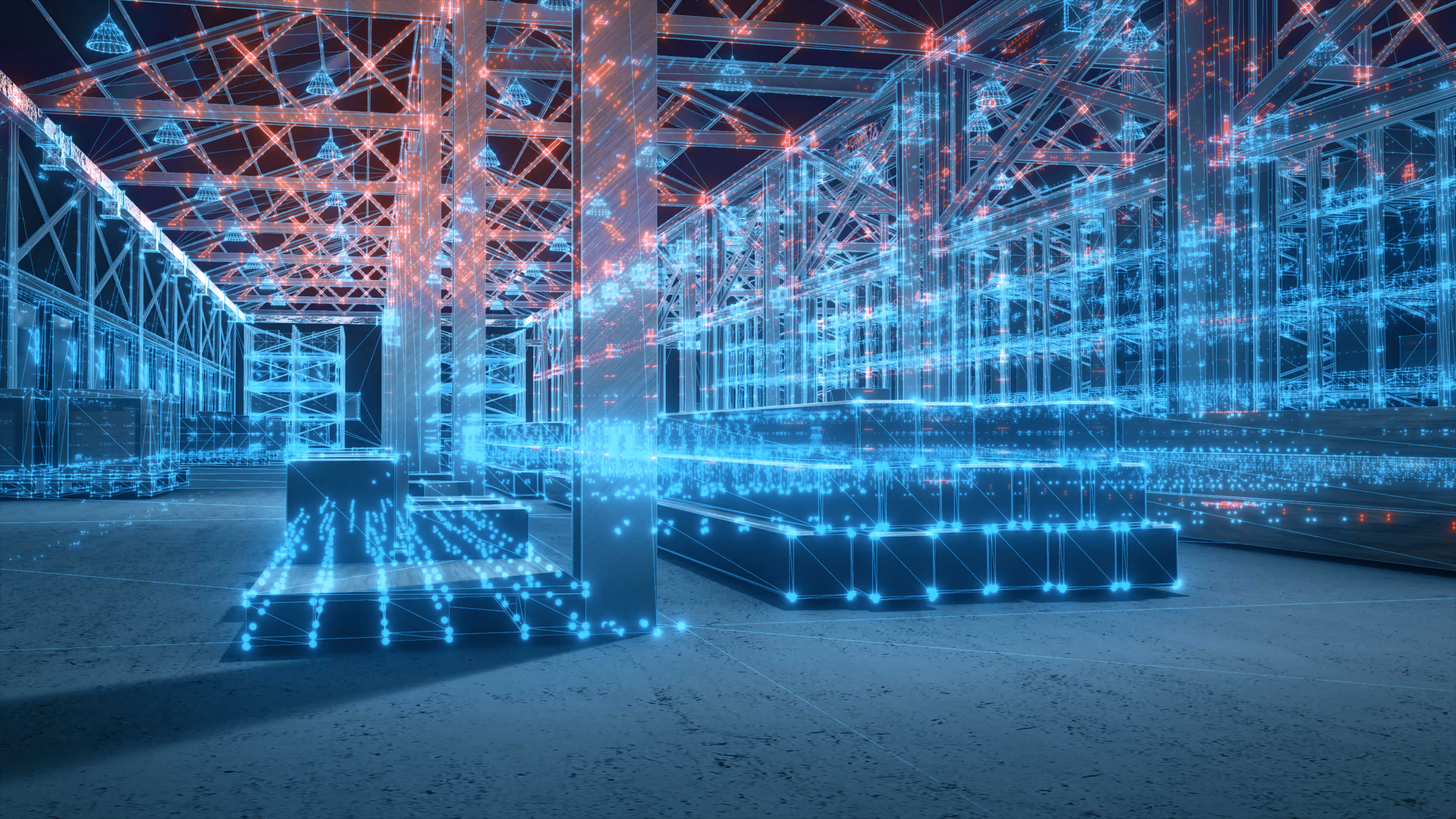 A digital visualization of a data center featuring glowing blue and red network connections.