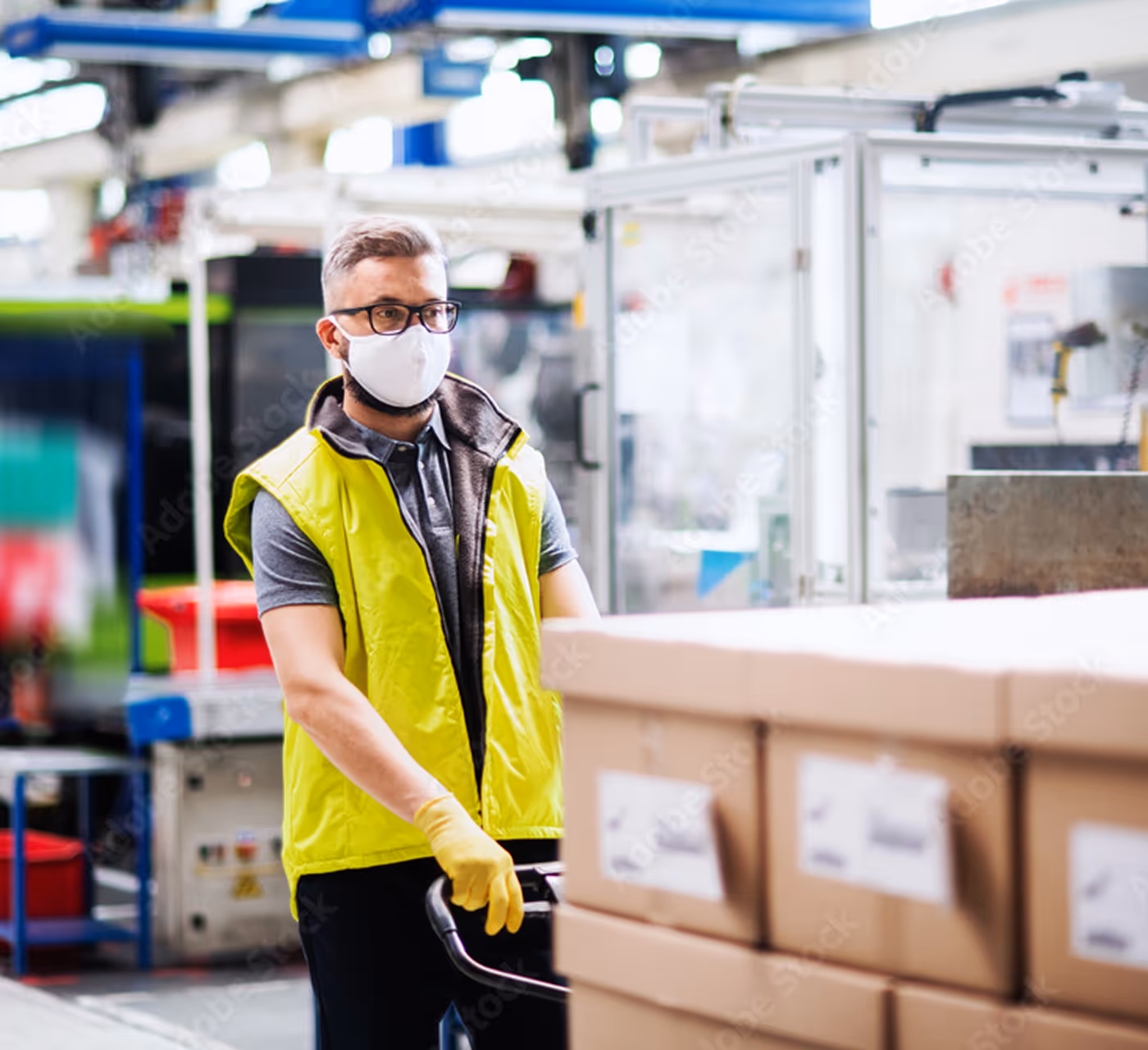A worker in a mask and safety vest moves a stack of boxes using a pallet jack.