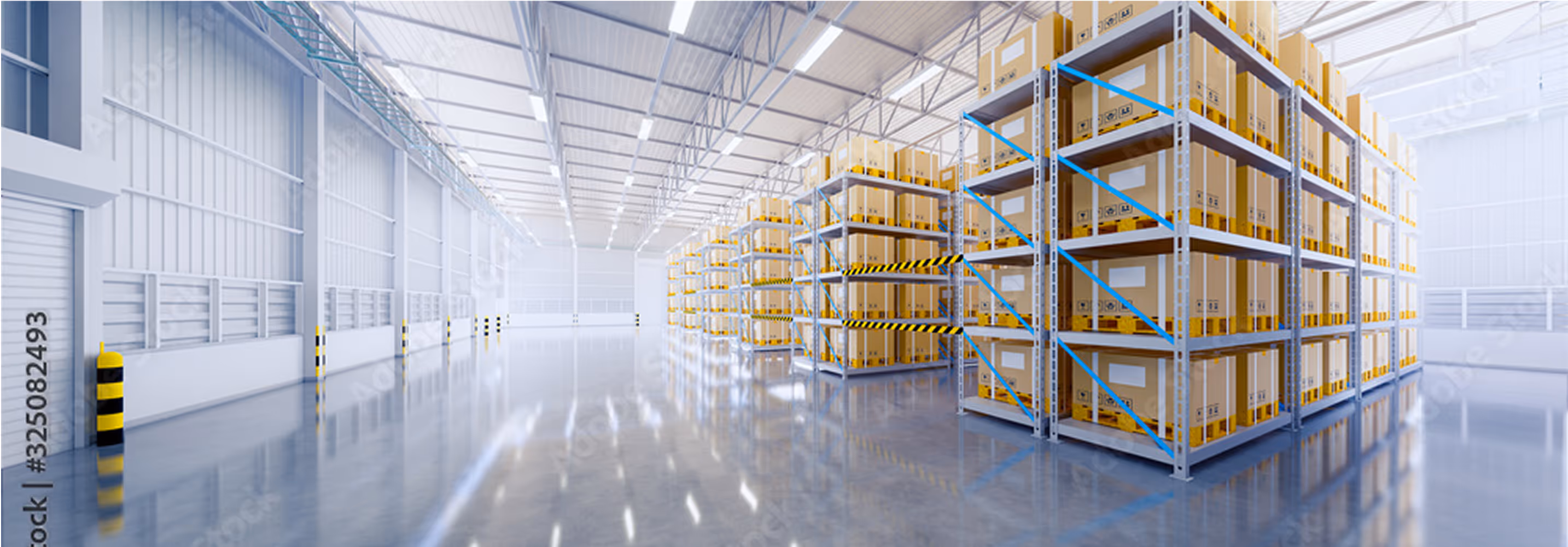 Rows of large warehouse shelves filled with stacked cardboard boxes in a bright, spacious area.