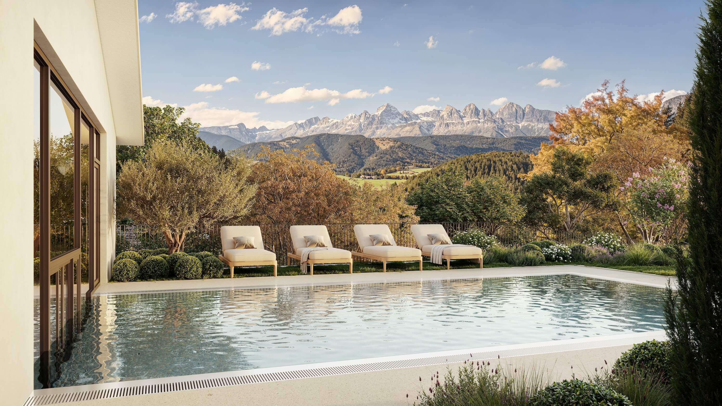 Luxusvilla Aussen-Architekturvisualisierung bei Sonnenuntergang