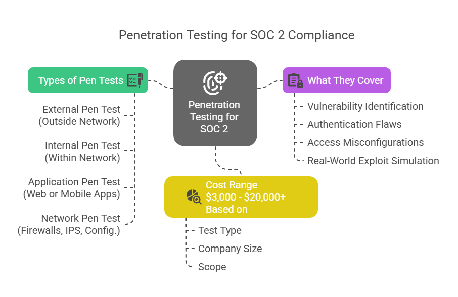 SOC 2 compliance penetration testing infographic showing test types, coverage, and costs for external, internal, and app tests.