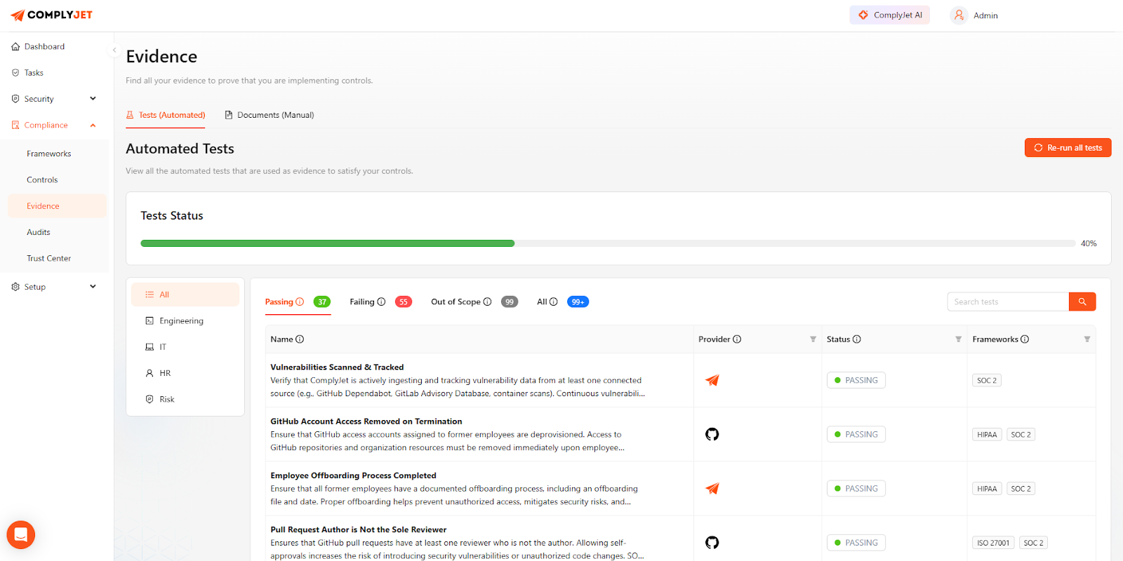 ComplyJet evidence dashboard screenshot showing automated SOC 2 compliance tests and audit readiness status