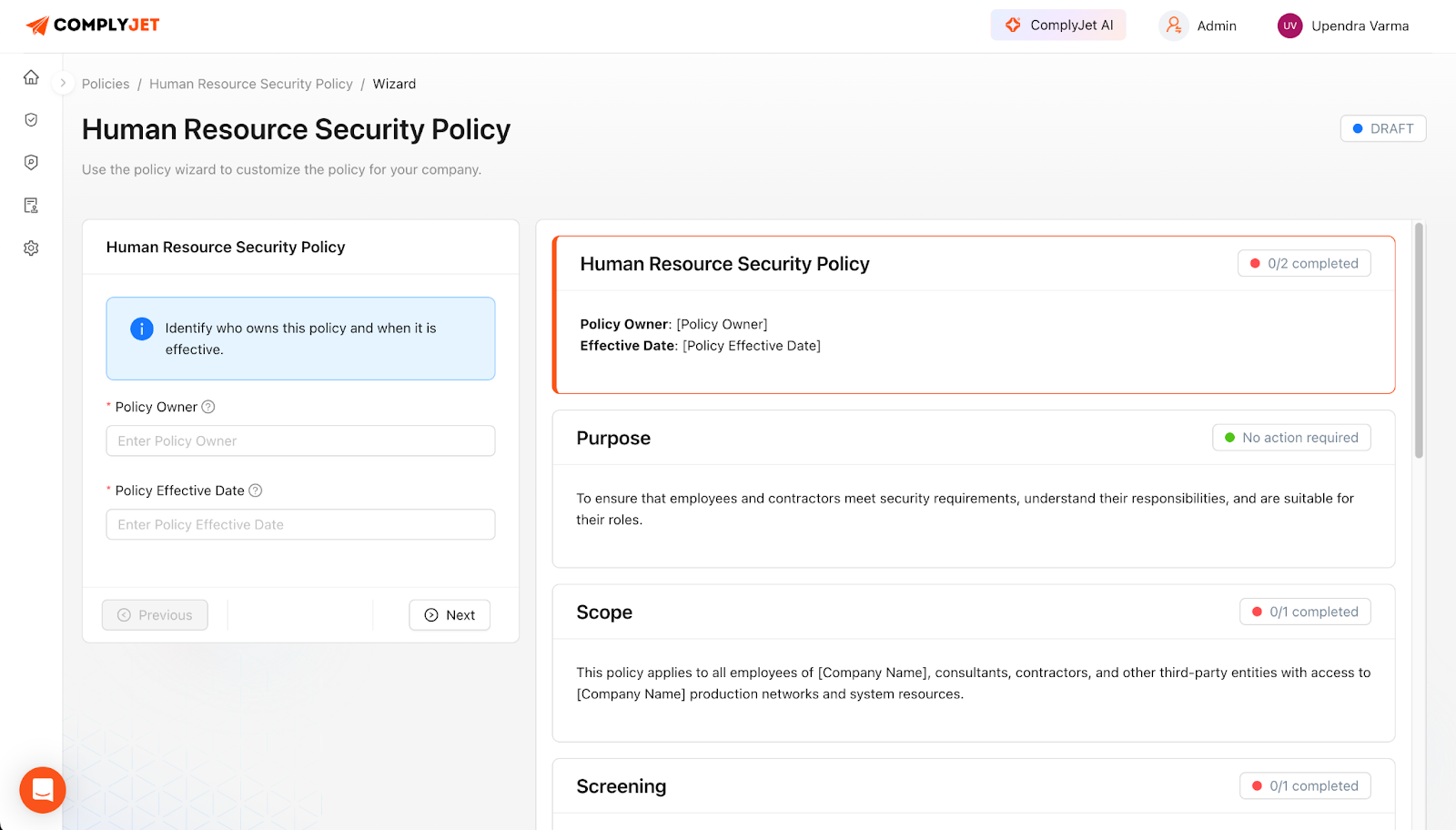 ComplyJet’s Policy Wizard guiding users through customizing a Human Resource Security Policy with clear steps and real-time progress tracking.