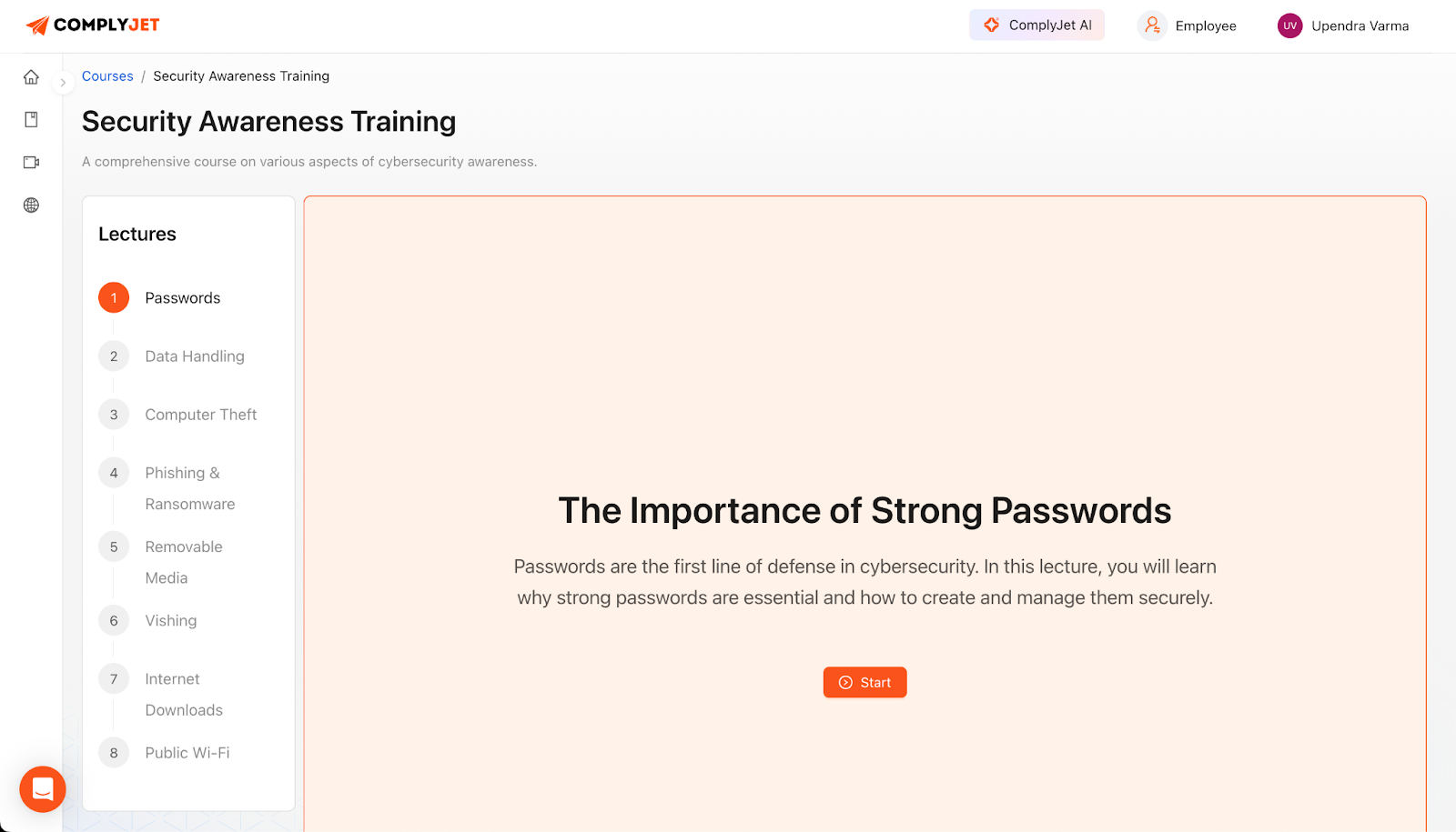 ComplyJet's Security Awareness Training module highlighting the importance of strong passwords as the first line of defense in cybersecurity.