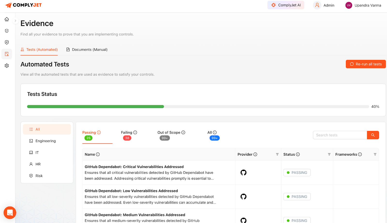 ComplyJet app platform page showing automated evidence collection.