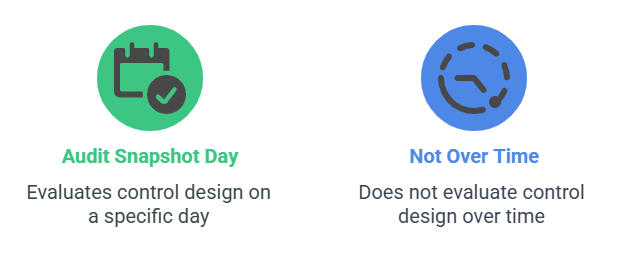 Infographic explaining SOC 2 Type 1 audit as a snapshot evaluation of control design on a specific day, not assessing effectiveness over time.