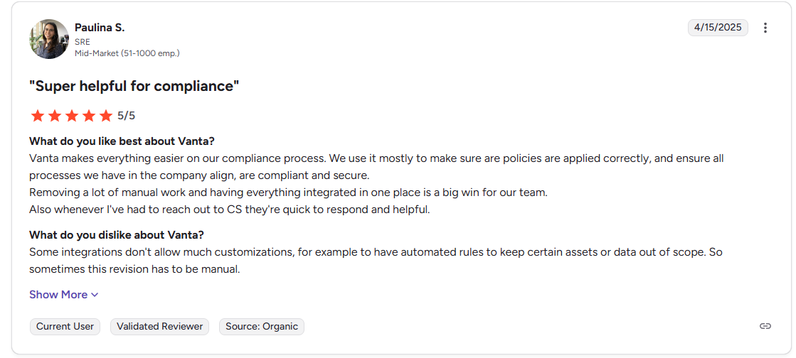 User review of Sprinto platform praising compliance automation, monitoring, integrations, and customer support.