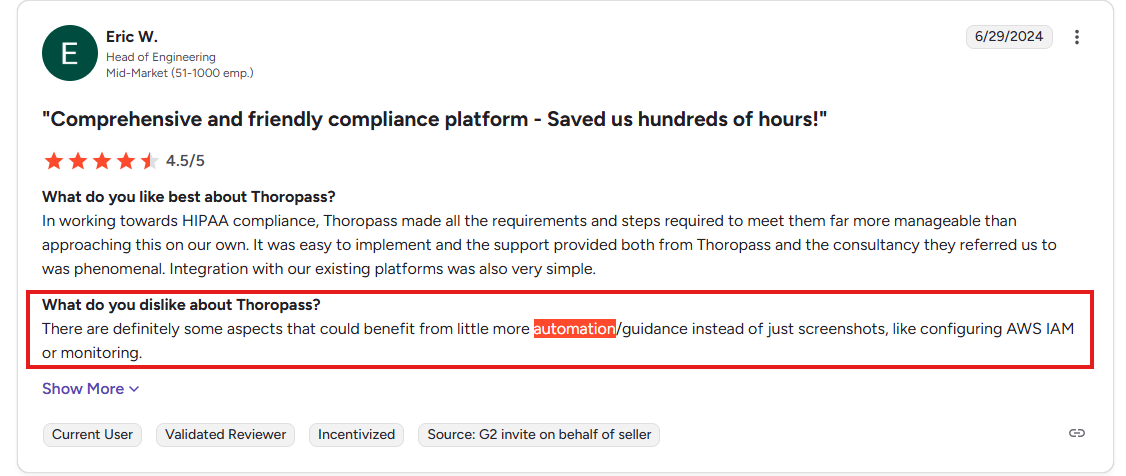 Thoropass user review noting HIPAA compliance, easy integration, and desire for more automation and AWS help.