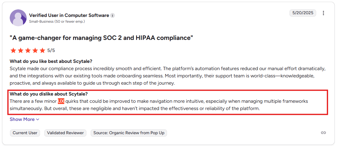 Scytale user review mentioning efficient onboarding, helpful support, and minor UX issues with multiple frameworks.