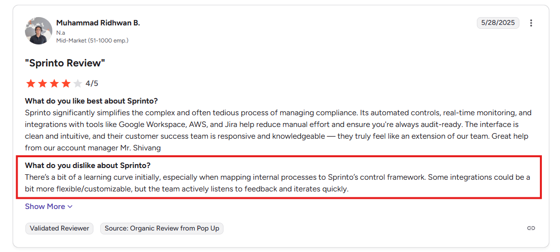 Sprinto user review highlights easy onboarding, proactive support, and requests for more niche tool integrations.