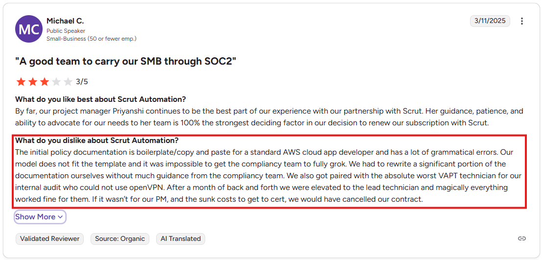 User review of Scrut Automation detailing policy errors, audit challenges, support problems, and PM’s positive impact.