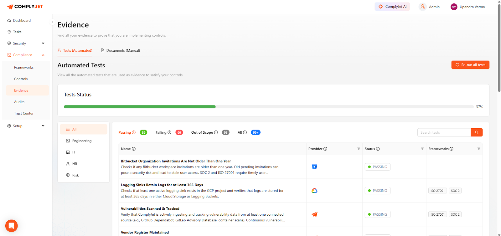 SOC 2 Compliance automation dashboard showing evidence and automation tests with status updates