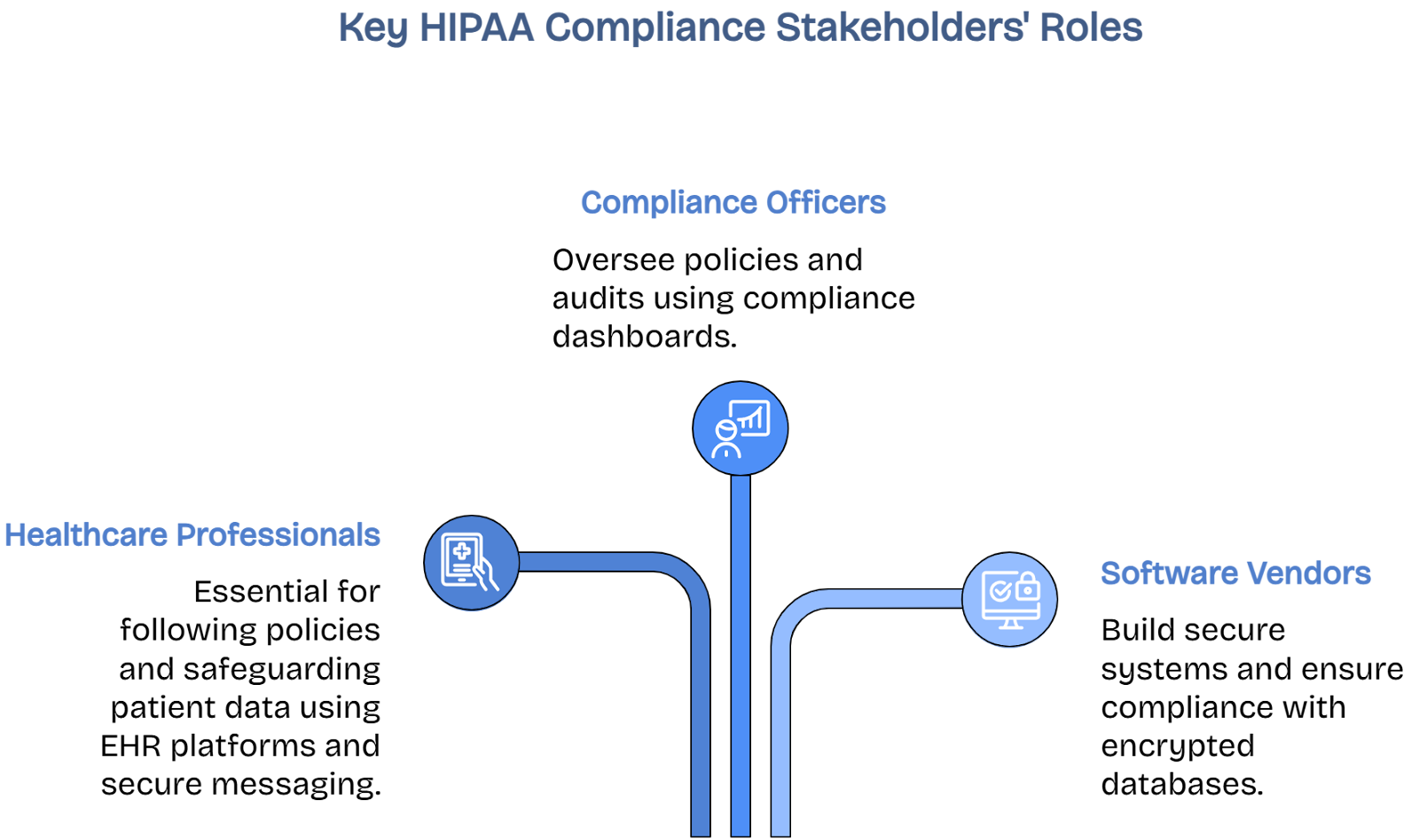 Healthcare professionals, compliance officers, and software vendors roles in HIPAA compliance management diagram.